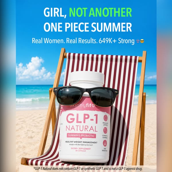 Image ad for SkinnyFit GLP-1 Natural slimming probiotic supplement. The ad features a bottle of the supplement in a beac