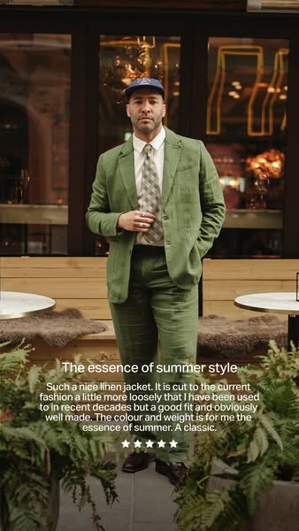 An image ad featuring a testimonial for a nice linen jacket.