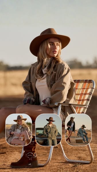 This image ad shows a woman sitting in a rustic, outdoor setting wearing a cowboy hat and casual jacket. Three smaller i