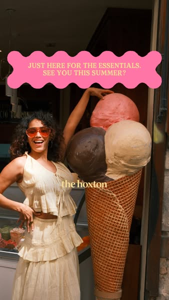 This ad features a woman posing with a very large ice cream cone. The ad copy reads, "JUST HERE FOR THE ESSENTIALS.