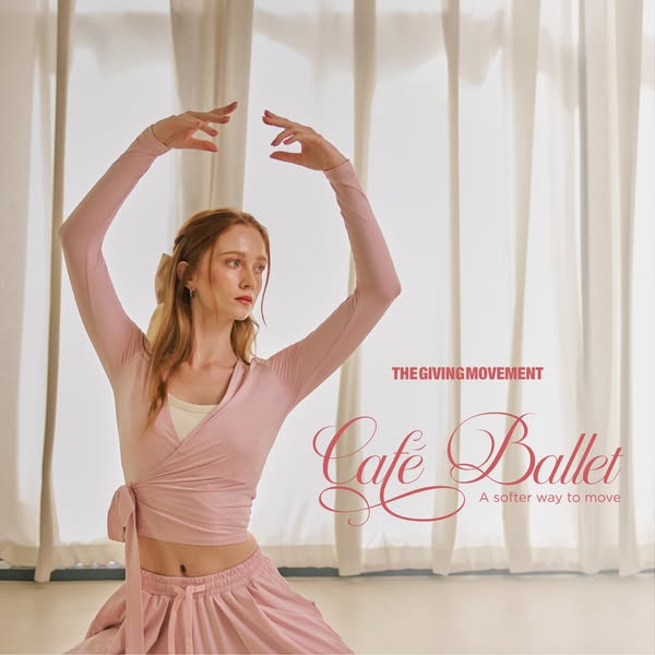 This ad for The Giving Movement features a woman wearing a pink long-sleeve wrap top and matching drawstring sweatpants,
