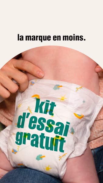 This ad is for a diaper brand that is offering a free trial kit. It includes a close-up shot of a diaper worn by a baby 