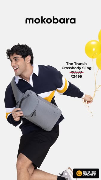 This ad features a happy man with a Mokobara crossbody bag and promotes it as 'The Transit Crossbody Sling' for 