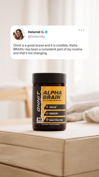 This ad uses a tweet-like testimonial from a customer, paired with a product shot, to promote Onnit's Alpha Brain su