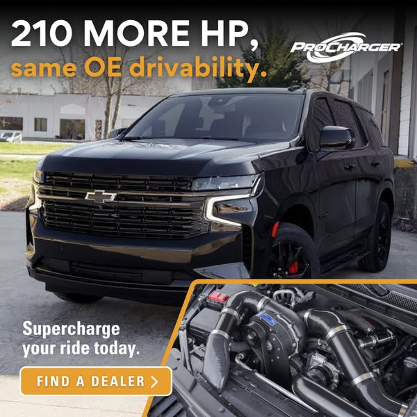 This ad promotes the ProCharger supercharger for trucks and SUVs, highlighting the benefit of increased horsepower while