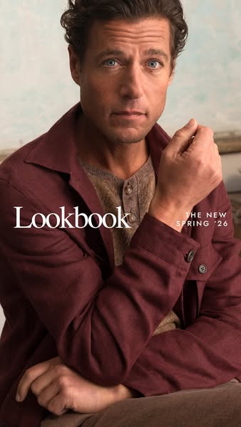 This ad features a male model wearing garments from the new Spring 2026 lookbook. The image promotes the lookbook.