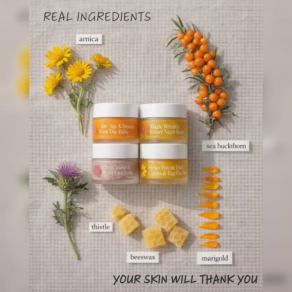 This image showcases four different skincare products and their corresponding natural ingredients, arranged artfully on 