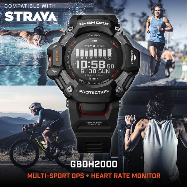 This ad showcases the GBDH2000 watch by G-Shock, highlighting its compatibility with Strava and its multi-sport GPS and 