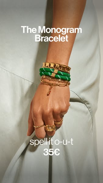 The image showcases bracelets, with a focus on the Monogram Bracelet, and is advertising jewelry. The cost is listed at 