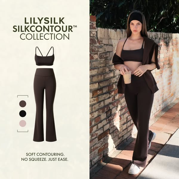 This image ad promotes the LilySilk SilkContour collection with a focus on comfort and a soft-contouring fit. The ad fea