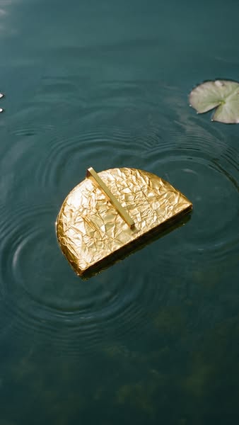 A still-life image ad showing a gold clutch purse sitting in water.