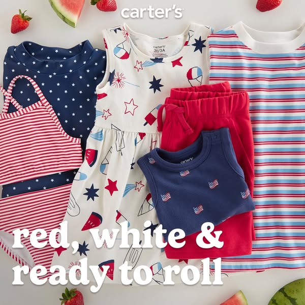 This ad showcases Carter's clothing in a red, white, and blue color scheme in anticipation of an upcoming holiday.