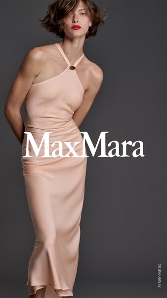 This is an image ad for Max Mara. It features a woman in a pale pink dress in front of a gray background. The brand logo