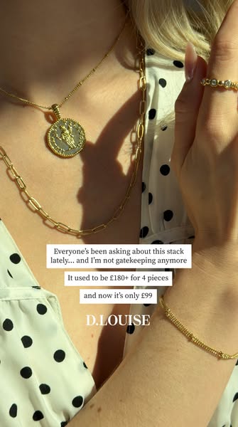 This ad promotes a jewelry set from D. Louise. It highlights that the stack of jewelry has been highly requested and let