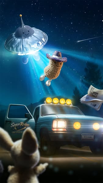 This ad features a stuffed peanut wearing a cowboy hat being abducted by a UFO, while a stuffed bunny looks on, next to 