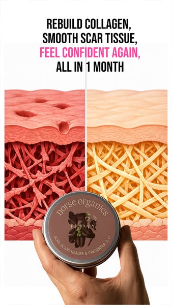 This ad is for Norse Organics 4Oil Scars Healer & Preventer 2.0. The ad features a side-by-side view of damaged tiss