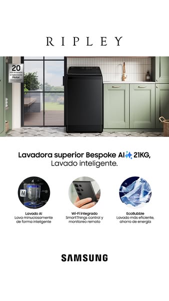 This image ad from Ripley promotes the Samsung Bespoke AI top load washing machine. The ad highlights AI-powered feature