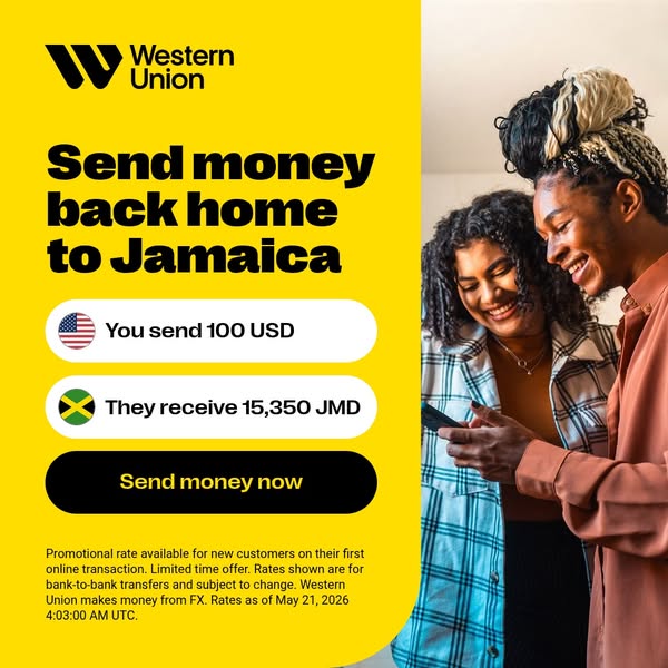 This image ad for Western Union encourages users to send money back home to Jamaica. It features an exchange rate of 100