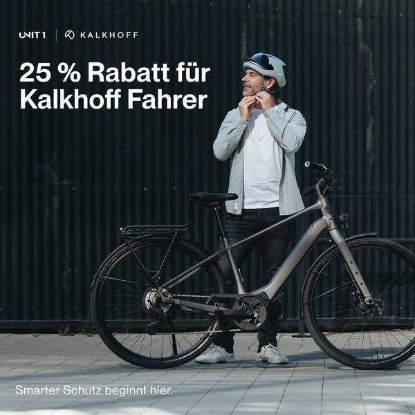 This ad promotes Unit 1 bike helmets in collaboration with Kalkhoff. It features a man wearing a Unit 1 helmet and stand