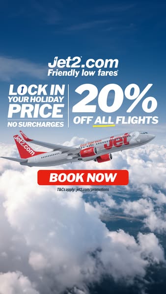 This image ad for Jet2.com is designed to promote a limited-time offer of 20% off all flights. It features a Jet2.com ai