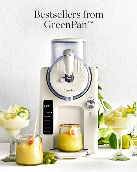 This image ad showcases the GreenPan frozen cocktail maker, highlighting its sleek design and the delicious frozen drink