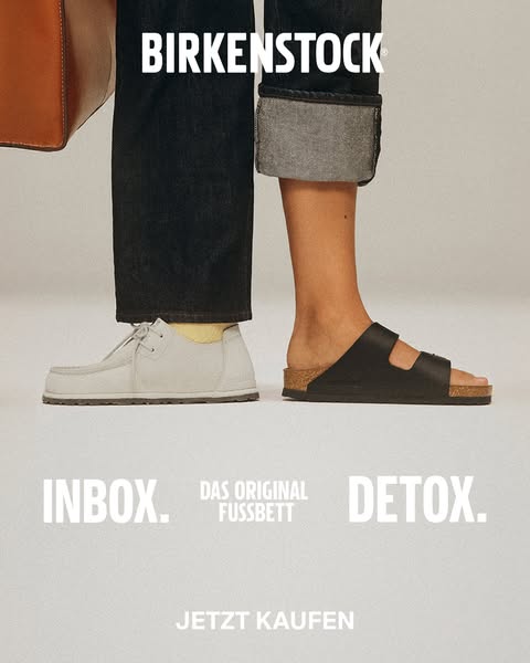 This image ad showcases Birkenstock footwear, focusing on two distinct styles: a closed-toe shoe and a classic sandal. T