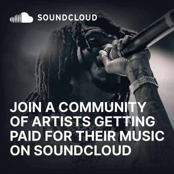 This ad features a black-and-white photograph of a musician singing into a microphone. Text overlaid in white encourages