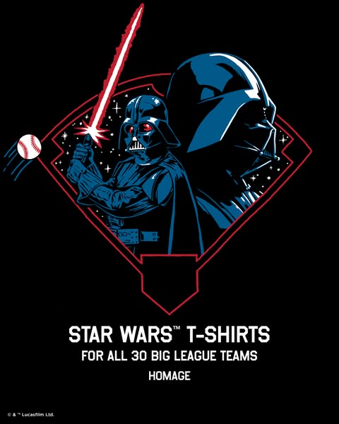 This image ad promotes Star Wars T-shirts for all 30 Big League teams, under the brand Homage. The visual features a sty