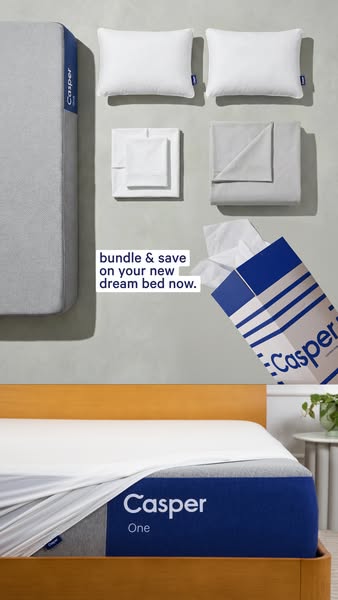 This is a product display for Casper brand bed products. The ad highlights that you can save money by bundling items.