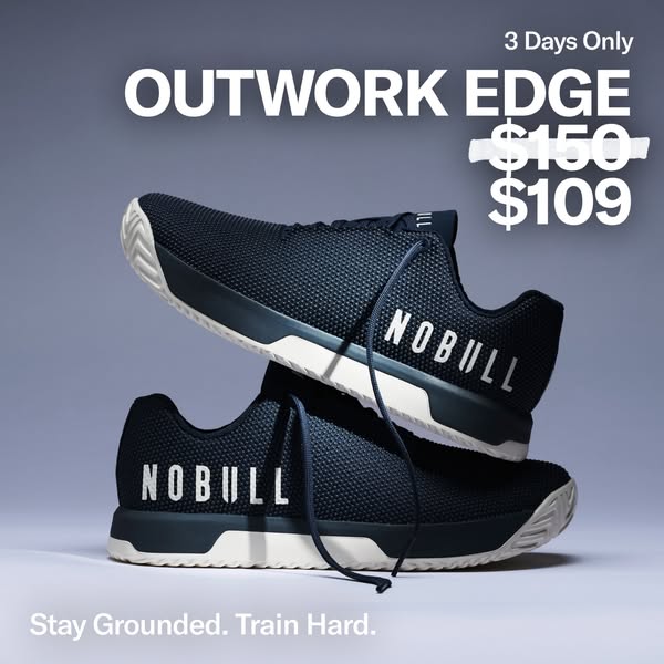 This image ad shows a pair of navy NOBULL training shoes stacked on top of each other. The shoes are being sold at a dis