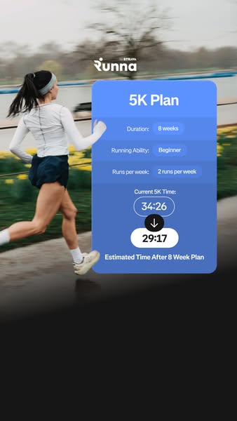 The ad promotes Runna, a program designed to help beginner runners improve their 5K time over an 8 week period.