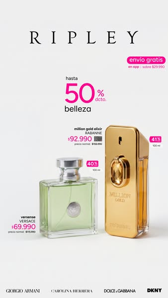 This ad from Ripley showcases two different perfumes. It offers up to 50% off of beauty products and free shipping in th