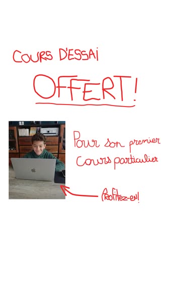 This image ad features a hand-drawn style with red script font throughout and an image of a young boy sitting at a desk 