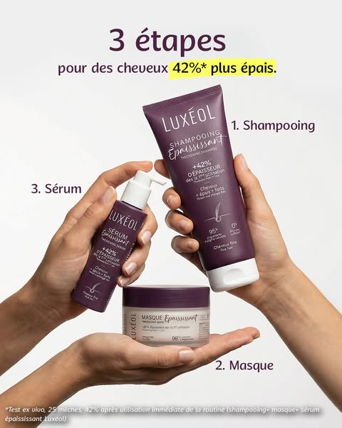Image ad for Luxeol hair thickening shampoo, hair mask, and serum. The ad shows a pair of hands holding each product, la