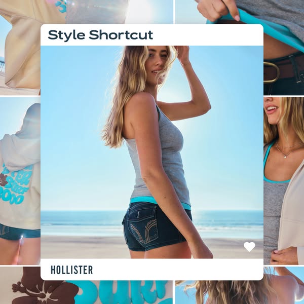 This image ad for Hollister features a woman in a gray tank top and denim shorts with a light blue sky and ocean backgro