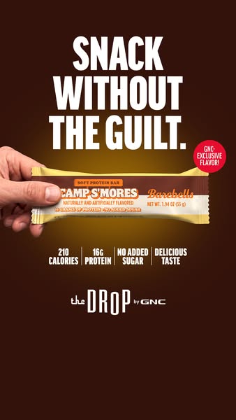 This ad promotes Barebells Camp S'mores protein bar by showcasing its key attributes like high protein, low sugar an