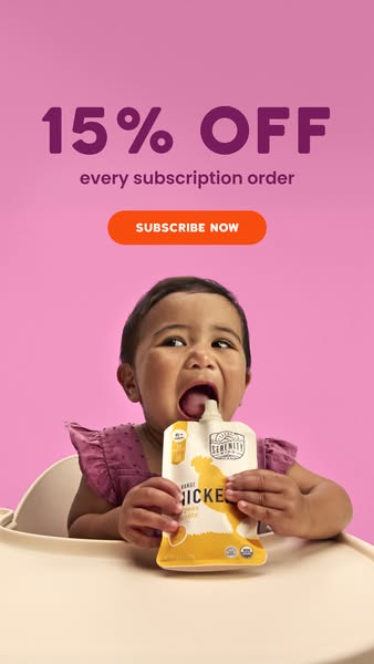 An image ad for Serenity Kids baby food featuring a baby eating the product with an offer of 15% off every subscription 