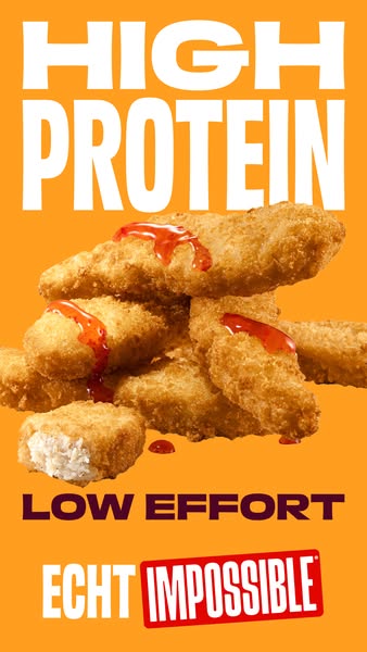 This image ad promotes Impossible brand chicken nuggets. The ad calls out that they are high in protein and low effort. 