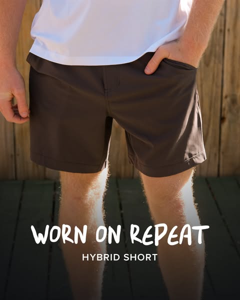 This image ad features a man wearing a pair of hybrid shorts. The shorts are described as being 'worn on repeat,'