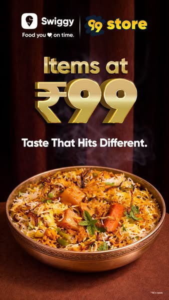This image ad promotes food delivery via Swiggy 99 store, highlighting items priced at ₹99 and emphasizing great taste.