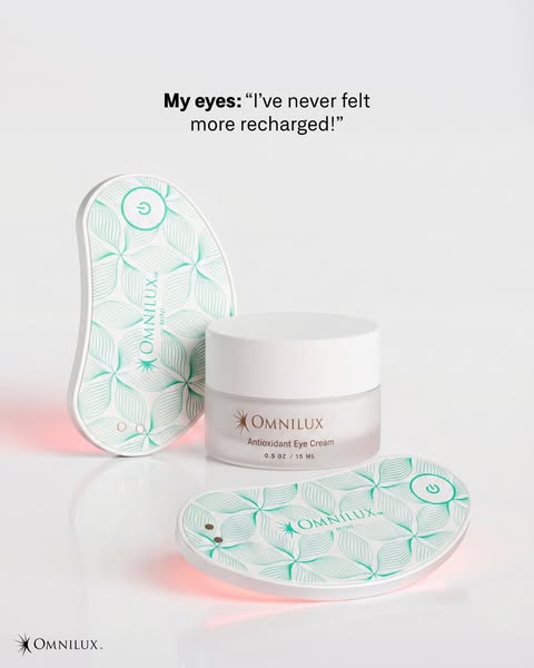 The ad promotes Omnilux Antioxidant Eye Cream and Omnilux MINI device for eye rejuvenation. It features a testimonial ab