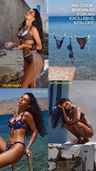 This ad features a 4-panel grid showcasing a model in a polka-dot bikini in various settings, transitioning from swimmin