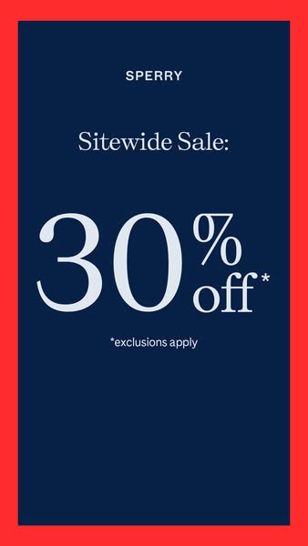 This ad is for Sperry. It features a navy blue background with red borders and advertises a 30% off sitewide sale.