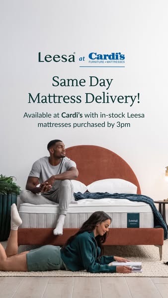 This image ad for Leesa at Cardi's Furniture & Mattresses promotes same-day mattress delivery for in-stock Leesa