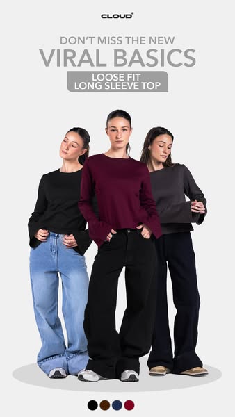 This image ad showcases a new line of "viral basics" featuring loose-fit long sleeve tops in multiple colors. 