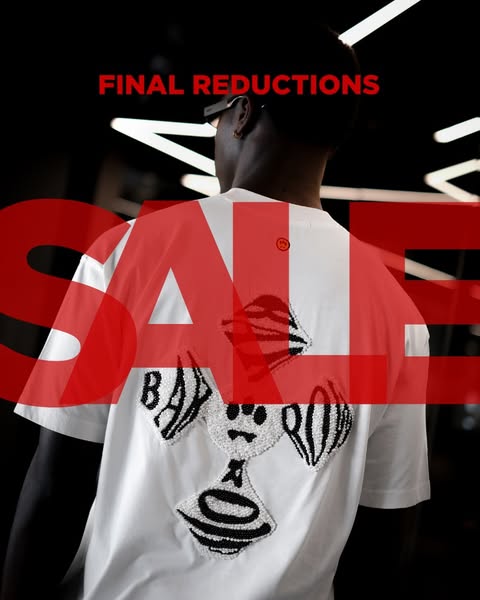 This image ad shows a person wearing a white t-shirt with a graphic on the back. Red text reading "FINAL REDUCTIONS