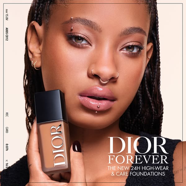 This ad for Dior Forever foundation features a close-up shot of Willow Smith holding the product, emphasizing its high-w