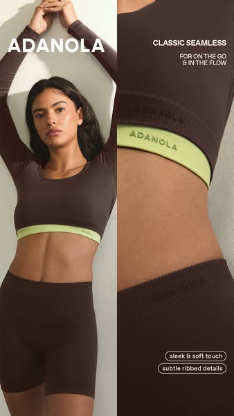 This Adanola ad uses a split-screen layout to showcase their seamless workout clothing. On the left, a model is wearing 