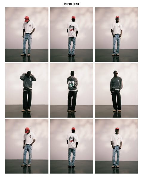 This Meta image ad showcases clothing from Represent. The ad features a 3x3 grid of a male model in a variety of poses a