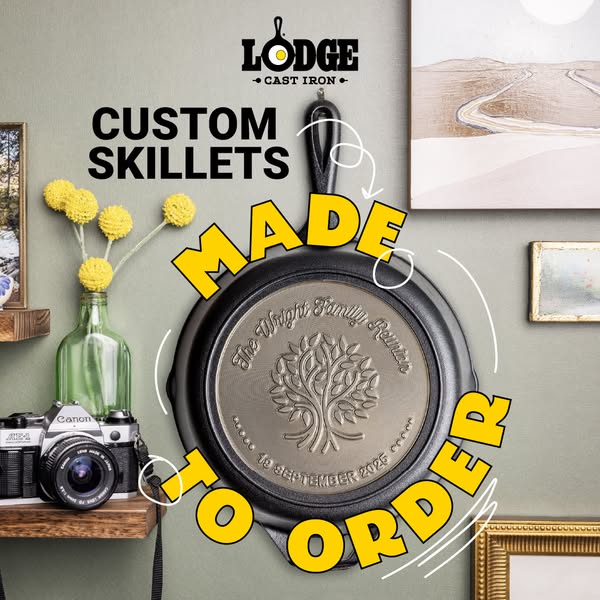 This ad showcases custom skillets from Lodge Cast Iron that can be ordered with personalized engravings.